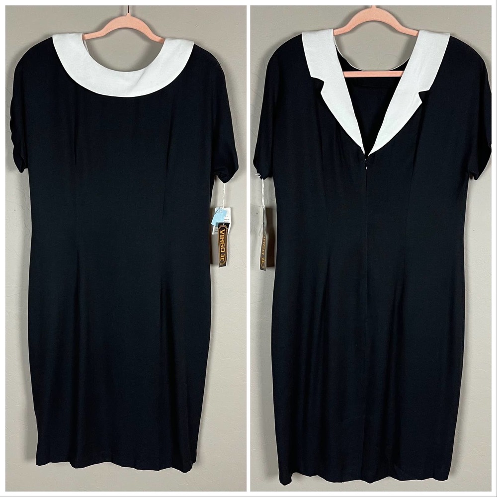 Vintage 1970s Deadstock Black & White Collared Sheath Dress